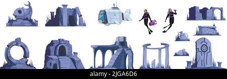 Perduti atlantis icone cartoon set di rovine di antica città isolato su sfondo bianco illustrazione vettoriale Illustrazione Vettoriale