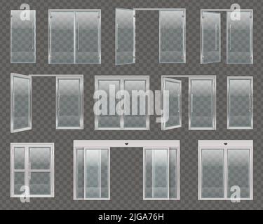 Set di porte in vetro con immagini realistiche di finestre e porte con dispositivi Hold Open e maniglie illustrazione vettoriale Illustrazione Vettoriale