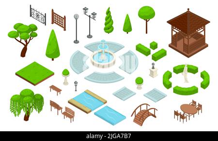 Landscape design parco isometrico costruttore icona set con diversi tipi di piante verdi di cespugli di alberi sentieri escursionistici ed elemen architettonici Illustrazione Vettoriale