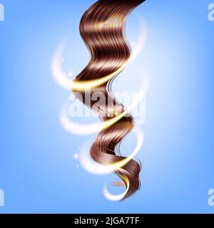 Trefolo realistico di capelli lunghi e sani ricci castani su sfondo blu illustrazione vettoriale Illustrazione Vettoriale