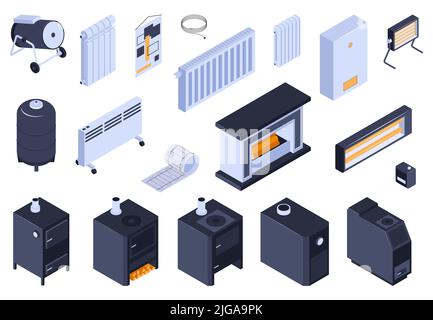 Impianto di riscaldamento e caldaia set colore con camino e pistola termica isometrica isolato vettore illustrazione Illustrazione Vettoriale