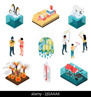 Set di icone isometriche isolate per il riscaldamento globale con personaggi umani di attivisti e situazioni di disastro climatico illustrazione vettoriale Illustrazione Vettoriale