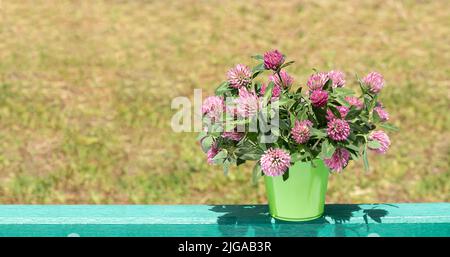 Un bouquet di fiori selvatici di trifoglio in un secchio decorativo su uno sfondo sfocato. Una vita morta piuttosto semplice. Posiziona per testo. Spazio di copia. Foto Stock