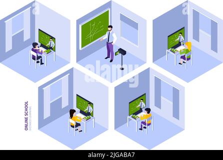 Composizione isometrica per l'apprendimento a distanza con lezione di registrazione dell'insegnante di matematica e bambini che la guardano online alle loro case 3D illustrazione vettoriale Illustrazione Vettoriale