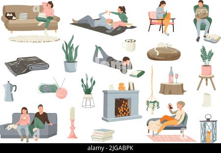 Higge lifestyle flat icone collezione con personaggi umani isolati e icone di piante della casa soft mobili illustrazione vettoriale Illustrazione Vettoriale