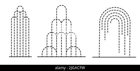 Set di contorni astratti della fontana. Fontane decorative diverse forme. Cascata e spruzzi d'acqua. Illustrazione del contorno vettoriale. Illustrazione Vettoriale