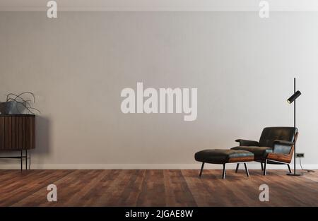 Spazio vuoto con elementi decorativi di base.Poltrona e mobili di colore scuro. Pavimento in parquet scuro che contrasta con la semplice parete bianca. Foto Stock