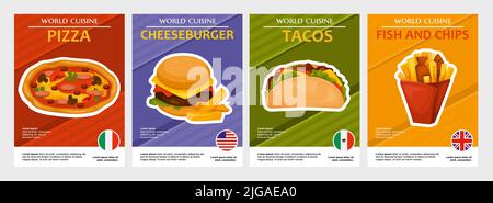 Set di poster del mondo Cuisines con quattro composizioni verticali isolate di popolari immagini di Street food e illustrazione vettoriale di testo Illustrazione Vettoriale