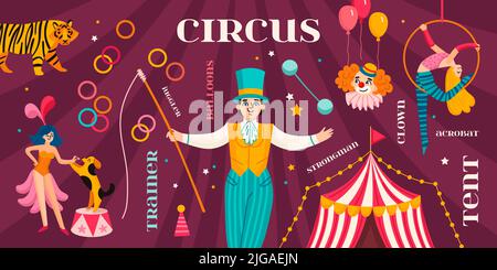 Set infografico Circus con palloncini tramer juggler corone uomo forte acrobata e descrizioni tenda illustrazione vettoriale Illustrazione Vettoriale