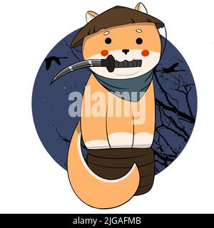 Shiba inu cane in abiti samurai e cavalcando sullo sfondo della luna Illustrazione Vettoriale