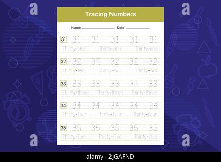 Numeri di traccia fogli di lavoro. Un foglio di lavoro educativo per i bambini. Imparare i numeri. Illustrazione Vettoriale