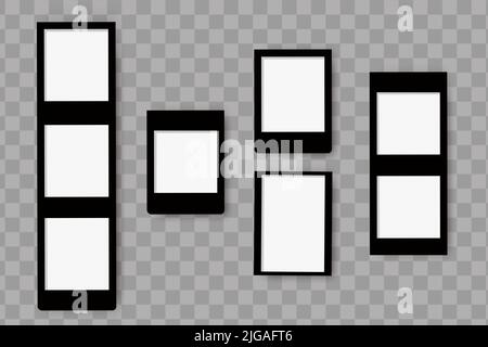 Cornici fotografiche moderne con ombra isolata su sfondo trasparente.Set di cornici fotografiche realistiche vuote compositions.Vector scrapbook mockups. Illustrazione Vettoriale