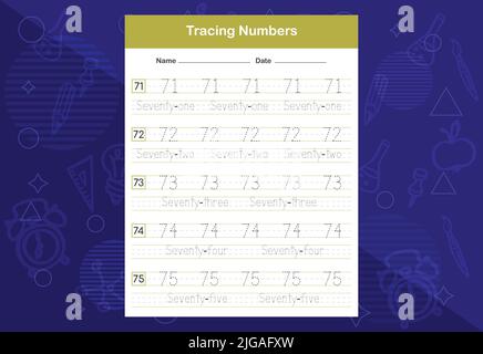 Numeri di traccia fogli di lavoro. Un foglio di lavoro educativo per i bambini. Imparare i numeri. Illustrazione Vettoriale