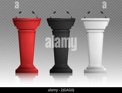 Tre tribune bianche realistiche in nero e rosso per conferenze con microfoni su sfondo trasparente illustrazione vettoriale isolata Illustrazione Vettoriale