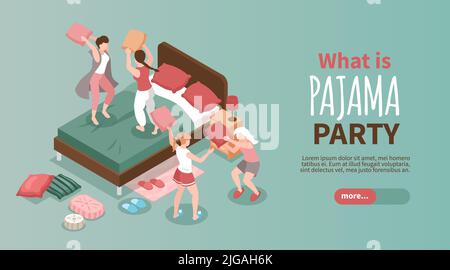 Pajama party banner web orizzontale con ragazze che hanno lotta a cuscino in camera da letto 3D isometrici illustrazione vettoriale Illustrazione Vettoriale