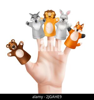 Mano umana che indossa cinque simpatici giocattoli di animali teatro di marionette su sfondo bianco illustrazione vettoriale realistica Illustrazione Vettoriale