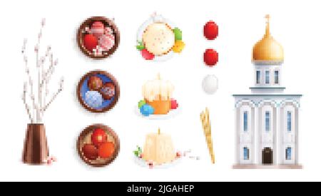 Ortodosso pasqua realistico set con immagini isolate di uova dipinte dolci germogli e piccola chiesa costruzione vettore illustrazione Illustrazione Vettoriale