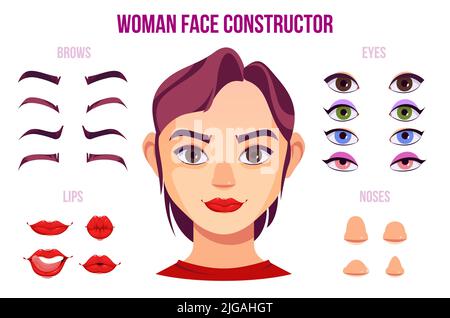 Donna viso elementi costruttori con diversi colori e forme di nasi occhi sopracciglia labbra e ritratto di carattere femminile in centro cartoon vettore illust Illustrazione Vettoriale