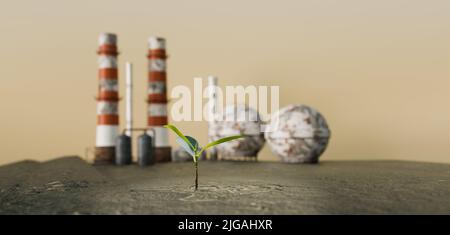 Piccolo albero che cresce tra il cambiamento climatico e l'inquinamento atmosferico, 3D illustrazioni rendering Foto Stock