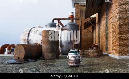 Robot vecchio e rotto nella vecchia fabbrica dopo il cambiamento climatico, effetto di riscaldamento globale, rappresentazione di illustrazione 3D Foto Stock