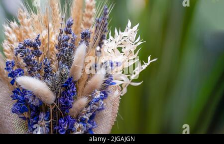 Lavanda secca e disposizione bullrush in borsa hessian Foto Stock