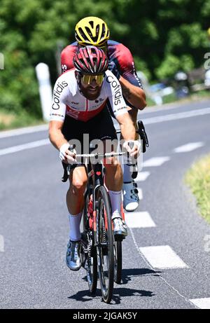 Tomblaine a la Super Planche des Belles Filles, Francia. 8th luglio 2022. Simon GESCHKE è affiancato da Filippo GANNA nel breakaway durante Tour De France, Stage 7, Francia, 8th luglio 2022, Credit:Pool/Goding Images/Alamay Live News Credit: Peter Goding/Alamy Live News Foto Stock