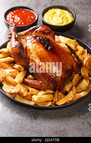 Pollo intero alla griglia con patate fritte, senape e ketchup primo piano in un piatto sul tavolo. Verticale Foto Stock