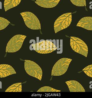 Pattern vettoriale senza giunture con foglie in caduta su sfondo verde scuro. Semplice design stagionale della carta da parati. Tessile decorativo di moda botanica. Illustrazione Vettoriale
