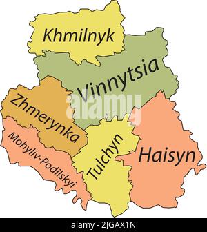 Mappa con tag pastello di raioni dell'OBLAST VINNYTSIA, UCRAINA Illustrazione Vettoriale