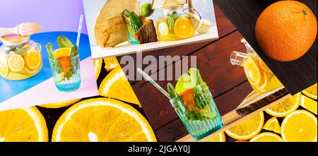 Collage di frutti d'arancia. Raccolta con fette di arancia e disintossicazione dell'acqua infusa di frutta. Stile di vita sano Foto Stock