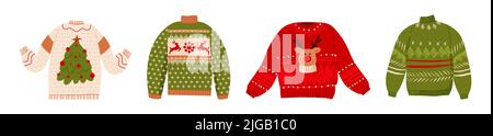 Brutto set di vettori maglioni di Natale. Jumper in lana carino con ornamenti norvegesi. Maglia inverno vacanze pullover con divertente renna, albero di Natale, fiocchi di neve abbigliamento dicembre icona isolato. Illustrazione vettoriale. Illustrazione Vettoriale