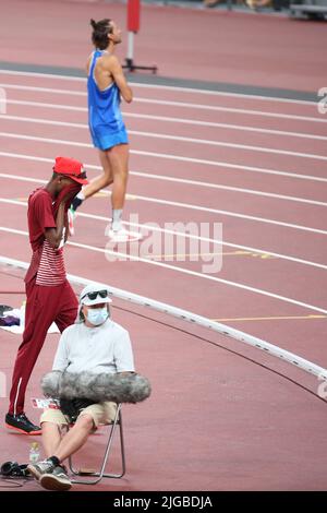 01st agosto 2021 - Tokyo, Giappone: Mutaz Essa Barshim del Qatar e Gianmarco tamberi d'Italia durante la finale Men's High-Jump al Tokyo 2020 Olympi Foto Stock