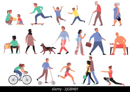 Persone a piedi set piatto di varie età personaggi umani che eseguono attività all'aperto isolato illustrazione vettoriale Illustrazione Vettoriale