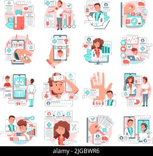 I pazienti del set piatto di Telemedicina hanno consultazione con i medici in linea illustrazione isolata del vettore Illustrazione Vettoriale