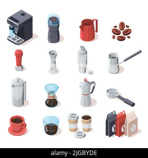 Set isometrico professionale di macchina da caffè isolata per la preparazione di caffè icone caffè chicchi tazze e pentola illustrazione vettoriale Illustrazione Vettoriale