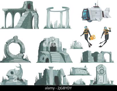 Atlantis rovine icone cartoon set di elementi per computer gioco isolato vettore illustrazione Illustrazione Vettoriale