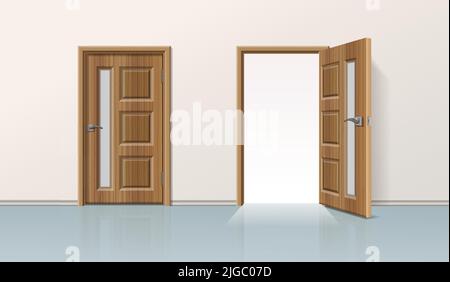 Composizione realistica della porta con vista della parete solida della stanza con porte di legno simili chiuse e illustrazione vettoriale aperta Illustrazione Vettoriale