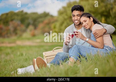 Ti meriti qualcuno che ti faccia sentire speciale: Una giovane coppia che condivide un brindisi durante un picnic. Foto Stock