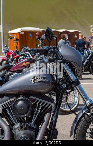 16-04-2020. La Nucia, Alicante, Spagna. Rally motociclistico, con primo piano della moto Harley Davidson. Foto Stock