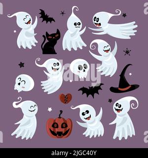 Set di icone fantasma isolato Halloween con ratti volanti testa di zucca in stile cartone animato e stelle nere illustrazione vettoriale Illustrazione Vettoriale