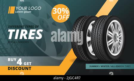 Sfondo pubblicitario realistico che offre sconti su diversi tipi di pneumatici per tutte le stagioni illustrazione vettoriale Illustrazione Vettoriale