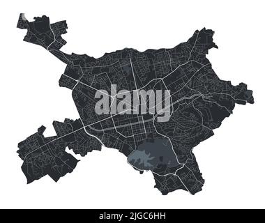 Mappa vettoriale Tirana. Mappa vettoriale dettagliata dell'area amministrativa della città di Tirana. Paesaggio urbano poster vista aria metropolitana. Terra nera con strade bianche, ROA Illustrazione Vettoriale
