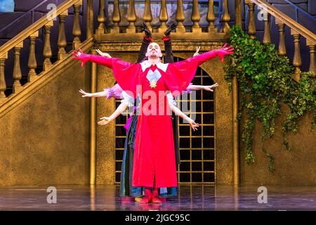 Cottbus, Germania. 24th giugno 2022. Alyosa Forlini, in qualità di cardinale Richelieu, balla durante le prove di vestito per il pezzo di balletto "i tre moschettieri" sul palco all'aperto nel cortile della caserma di Cottbus Alvensleben. Credit: Frank Hammerschmidt/dpa/Alamy Live News Foto Stock