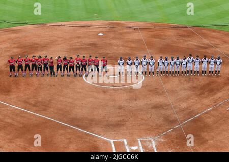 Hoover, ALABAMA, Stati Uniti. 9th luglio 2022. 9 luglio 2022, Hoover, Alabama, USA: Gli atleti Elite si riuniscono da tutto il mondo per competere nei Giochi del mondo, (un evento internazionale multi-sport di 11 giorni organizzato con il supporto del Comitato Olimpico Internazionale). Prima di giocare a softball ai World Games di Hoover, Alabama, all'Hoover Metropolitan Stadium, Canada e Taipei cinese. (Credit Image: © Jeremy Raines/ZUMA Press Wire) Foto Stock