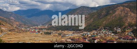 Panorama aereo Vista del paesaggio cittadino di Thimphu Capitol City Bhutans Foto Stock