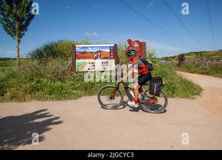 Pellegrini in bicicletta attraverso la Rioja vicino Ventosa mentre si guida il Camino de Santiago, la via di San Giacomo tra Navarrete e Najera Spagna Foto Stock