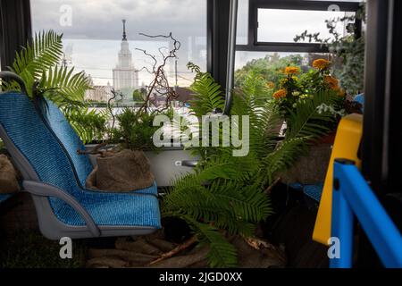 Mosca, Russia. 9th luglio 2022. All'interno di un autobus elettrico con fiori e vegetazione sulle colline Sparrow di Mosca il giorno del trasporto di Mosca, Russia. Nikolay Vinokurov/Alamy Live News Foto Stock