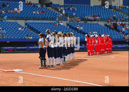 Hoover, ALABAMA, Stati Uniti. 9th luglio 2022. 9 luglio 2022, Hoover, Alabama, USA: Gli atleti Elite si riuniscono da tutto il mondo per competere nei Giochi del mondo, (un evento internazionale multi-sport di 11 giorni organizzato con il supporto del Comitato Olimpico Internazionale). Giappone e Austalia sono presentati di fronte ai tifosi durante il loro matchup World Games al The Hoover Met a Hoover, Alabama. (Credit Image: © Jeremy Raines/ZUMA Press Wire) Foto Stock