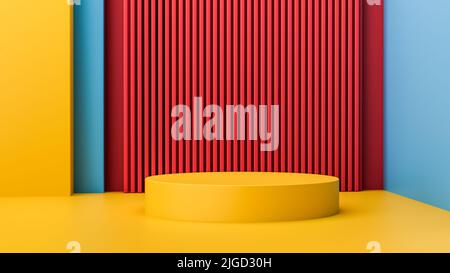 Un'illustrazione del 3D del podio giallo con parete blu e rossa minima per l'esposizione del prodotto Foto Stock