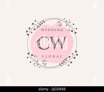 CW iniziali lettera Wedding monogramma modello loghi, a mano disegnata moderno minimalista e modelli floreali per le carte di invito, Salva la data, elegante Illustrazione Vettoriale